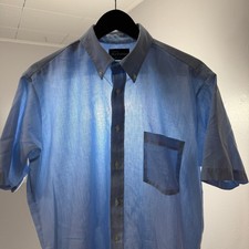 Vintage Manhattan Shirt Men 16 Blue Oxford Short Sleeve Button Made In USA 80s