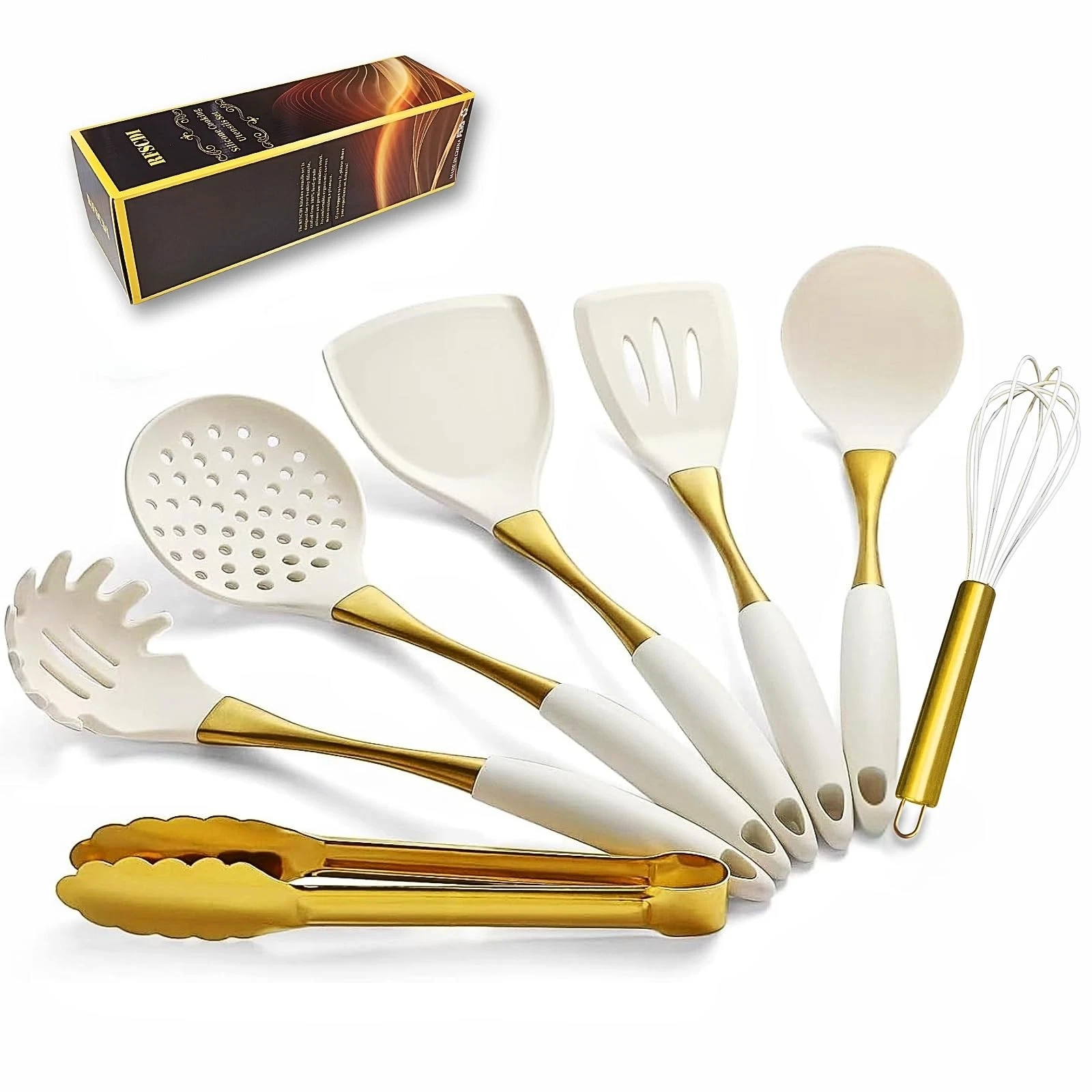 Elegant White Gold Silicone Cooking Utensils Set - Large,