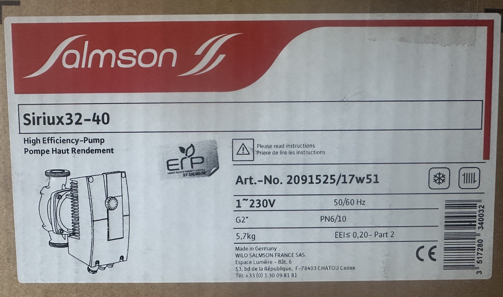 Circulateur SALMSON SIRIUX 32-40 2091525 - Pompe de chauffage 230V avec entraxe 180mm