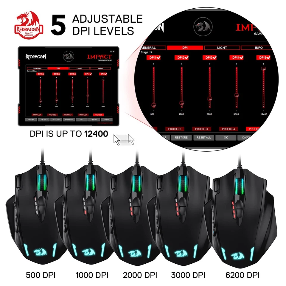 Redragon M908 Impact RGB LED MMO Gaming Mouse, 12 Side Buttons, Optical Wired Er - Image 4 of 4