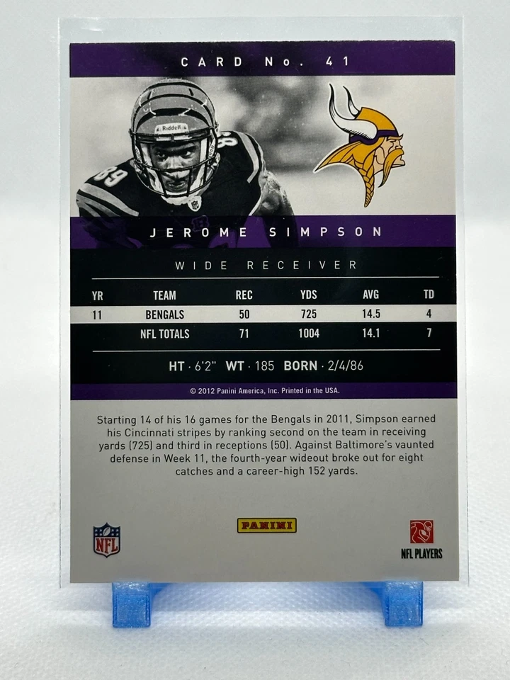 Jerome Simpson 2012 Panini Prestige #41 - Vikings - Image 2 of 2