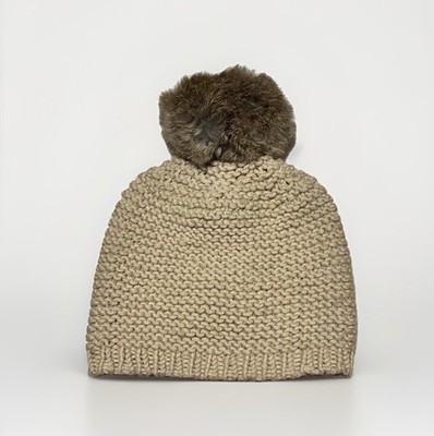Women s Chunky Knit Beanie Hat Rabbit Fur Pom Pom Beige Winter Ski Cozy