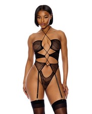 Teddy Bodysuit Black Nylon Spandex Mesh Pull Strings Sheer Mesh Halterneck Teddy