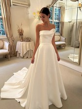 Simple Wedding Dress Ruched Strapless Sleeveless White A-Line Long Bridal Gown
