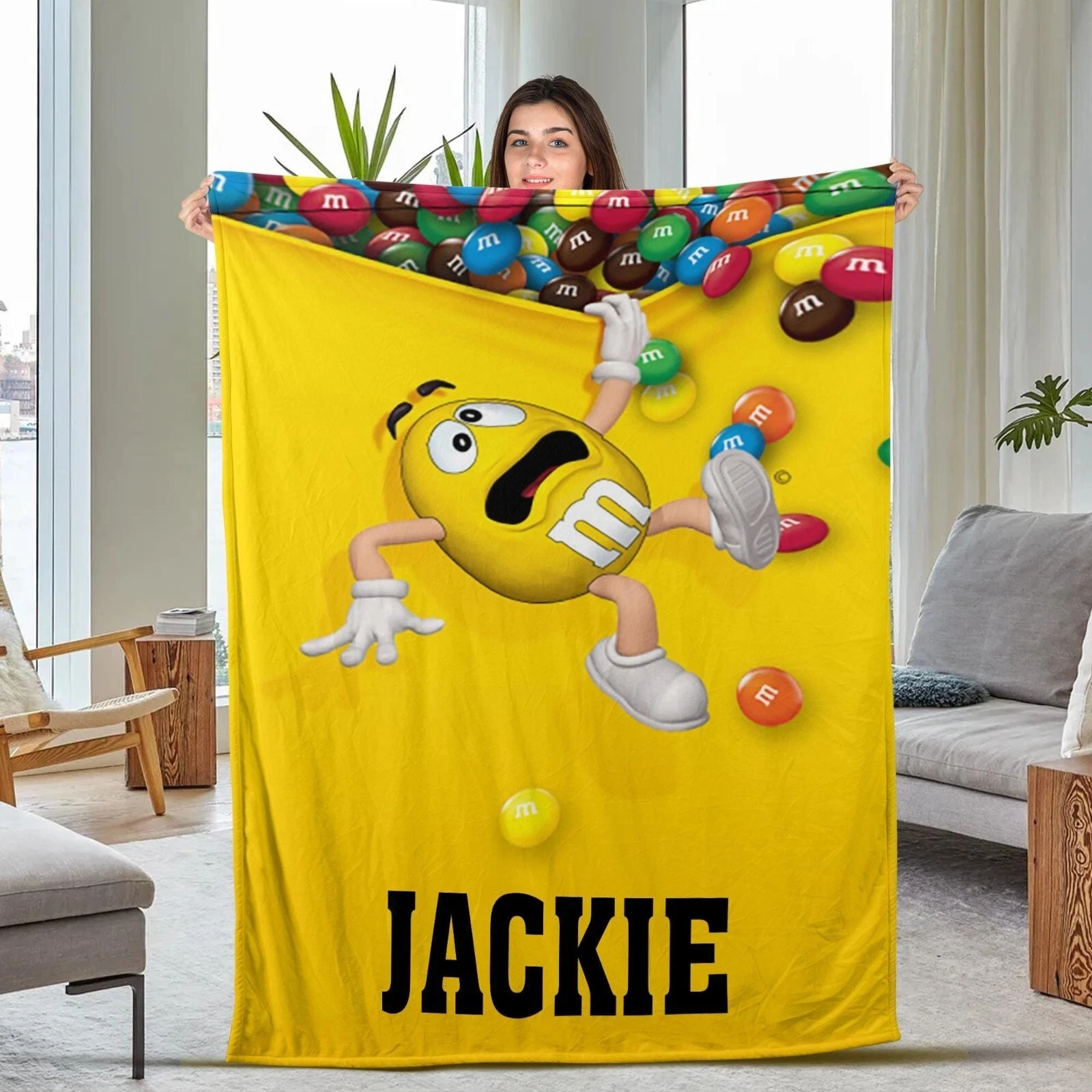 Personalized M And M Blanket, Chocolate Velvet Fleece Blanket, Candy M And M