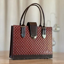 Rare Vintage Accordion File Organizer Handbag Purse Brown Red Quilted Patent