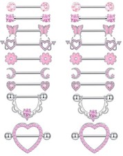 9 Pairs Nipple Rings Stainless Steel Heart Butterfly Moon Flower CZ Barbell T...