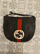 Gucci borsa a spalla pelle nera Web verde/rosso logo GG oro zip mezzaluna