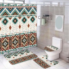 4 Pcs Aztec Shower Curtain Set, Southwestern Native Tribal Navajo Bathroom Ru...