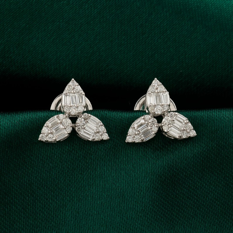 0.60 Ct Natural SI/H Baguette Diamond Leaf Stud Earrings Gift 9k White Gold