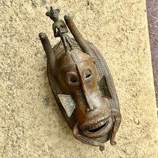 Vintage IVORY COAST bronze tribal Senufo MASK horned face with crowning figure