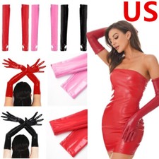 US Women's Shiny Patent Leather Fingerless Gloves Latex Arm Sleeves Club Party