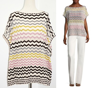 M Missoni Metallic Chevron/Lace Knit Boxy Boat Neck Top sz US XL-2XL/ IT 46 $675