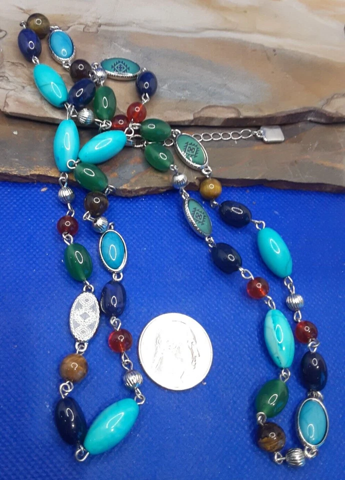 Ожерелье CHAPS серебристое искусственное бирюзовое стекло бисер юго-западное 6/21-10 - Изображение 4 из 4