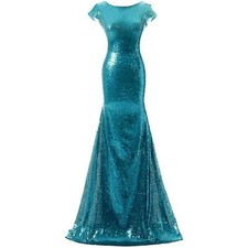 Teal Mermaid V-Neck Backless Long Bridesmaid Dress Sequins Gown size 6