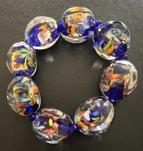 Vtg Murano Glass Bead Stretch Bracelet Blue Chunky Candy Wrapped Art Glass Italy - Picture 9 of 9