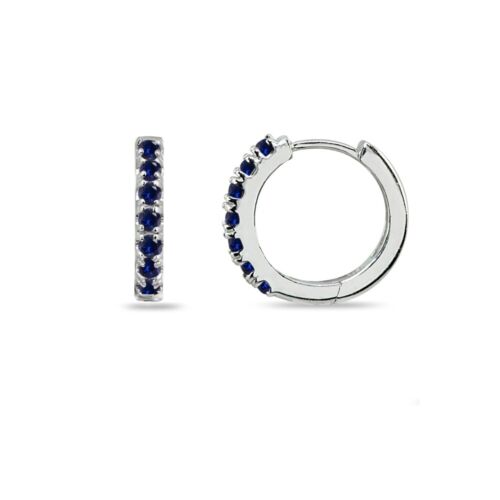 Sterling Silver 15mm Prong-set Created Blue Sapphire Round Huggie Hoop Earrings - Picture 1 of 3