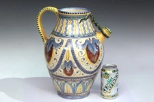 ANTIQUE ITALIAN MAJOLICA EWER Pottery Large Old Jug Pitcher Centerpiece Vase 13"
