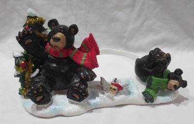 Yankee Candle Jar Holder J/H Christmas/Winter BROWN BEAR & CUB with TREE & BIRD