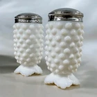 Vintage Milk Glass Hobnail Salt & Pepper Shakers Footed Pair - Collectible