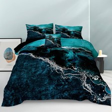 Black Marble Comforter King Turquoise Blue Bedding Set 3 Pcs Marble Stone Nat...