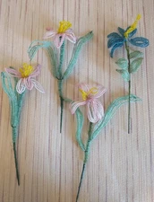 Vintage French Glass Seed Beaded 4 Stems -3 Pink And 1 Blue Flower & Leaves 