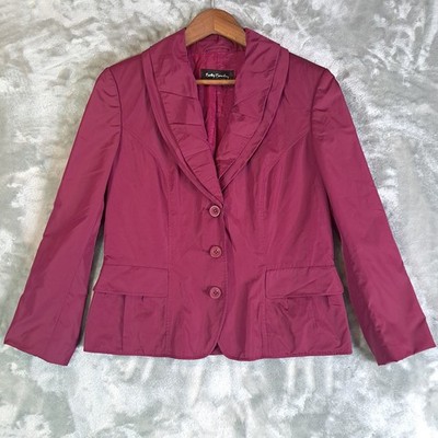 Betty Barclay Collection Satin Ruffled Collar Blazer Jacket Size 10 Medium Wine