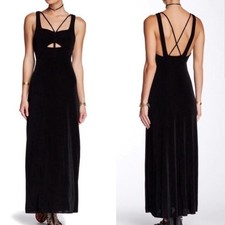 Free People Black Hypnotized Knit Black Maxi Dress Strappy Cutout Size L, Boho