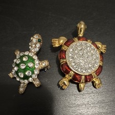 Turtle Brooch Set Rhinestone Enamel Gold Green Red Animal Insect Jewelry