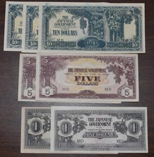 1942-44 Malaysia Japanese Government Money 1, 5, 10 & Dollar Notes (8 Notes)