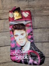 Gray  Pink Satin Heart Print Justin Bieber Christmas Holiday Stocking NWT 2013