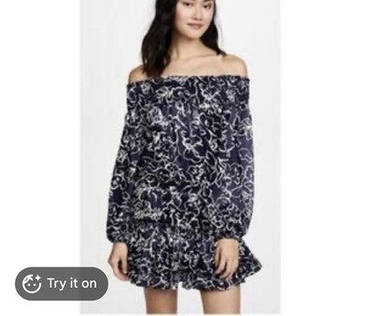 Misa Los Angeles Darla Off-the-shoulder Dress Navy Blue Floral Paisley Medium