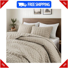 Oversized California Cal King Size Quilt Bedding Sets with Pillow Shams, Beige T