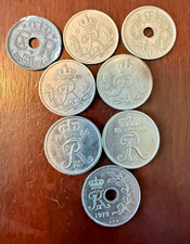 25 Ore Denmark Coins (1941, 1947,1949,1953,1958,1962,1966,1972)