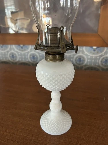 Milk Glass White Hobnail Victorian Oil Lamp Vintage 13 1/2” Tall