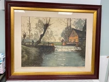 Paul Emile Lecomte Signed Print/Etching Framed 33"x27" Imp Ad Valcke Paris River