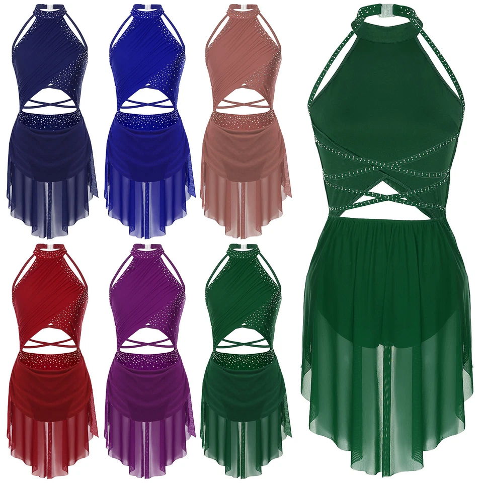 UK Women Girls Rhinestones Ballet Leotard Dress Lyrical Jazz Latin Dance Costume - Image 2 of 4