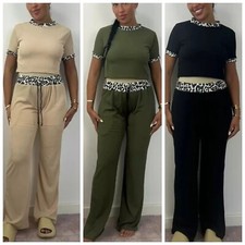 Womens Leopard Contrast Top Palazzo Trousers Tracksuit Ladies Lounge Wear Set