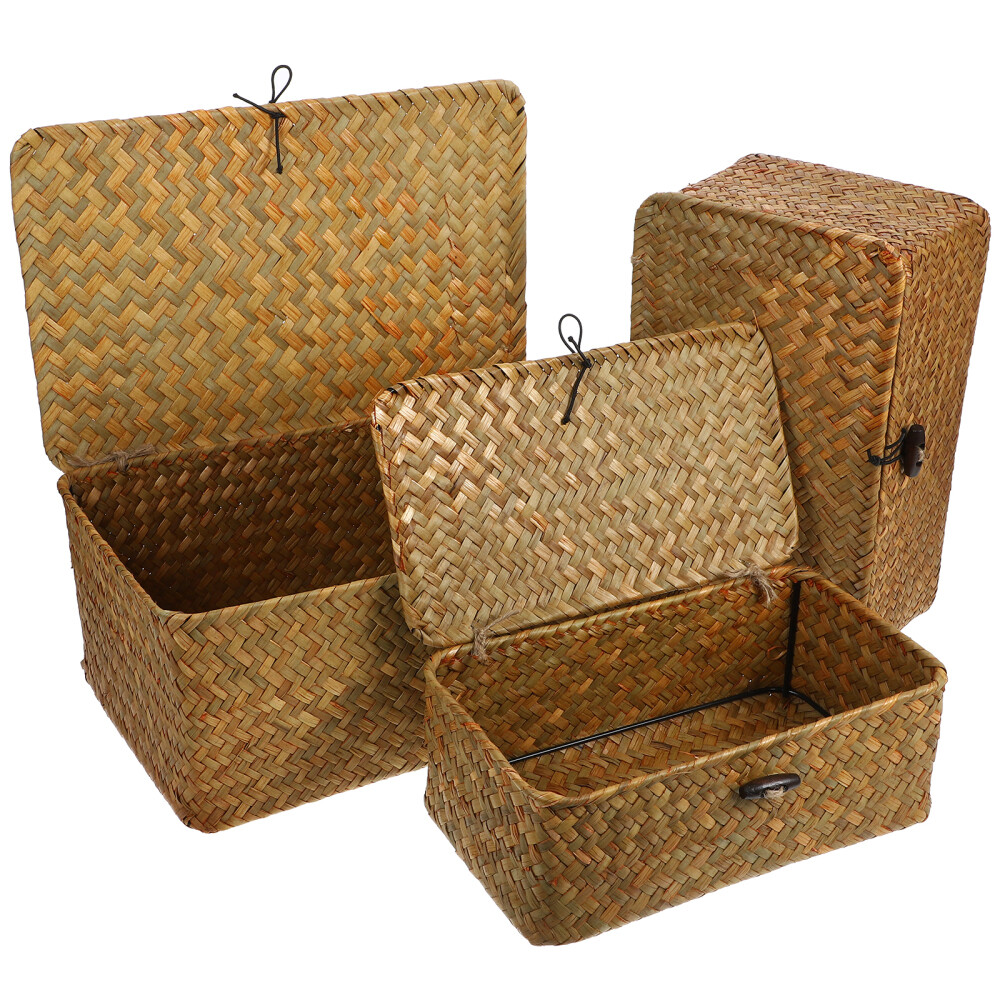 3 Pcs Garbage Can with Lid Baskets Storage Box Handmade Natural Material Child