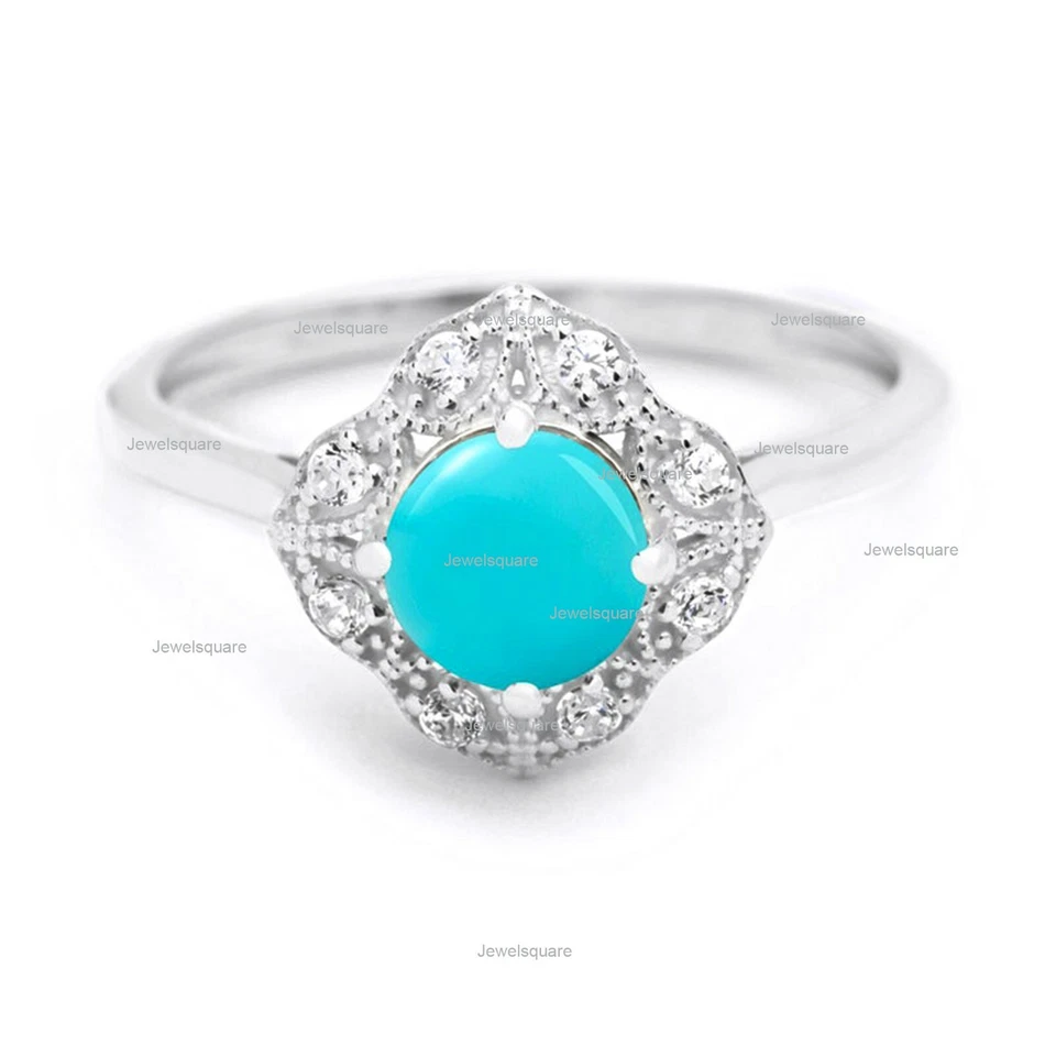 Anillo de boda de oro amarillo de 14 k con piedras preciosas y mini diamantes naturales turquesa real Foto 3 de 3