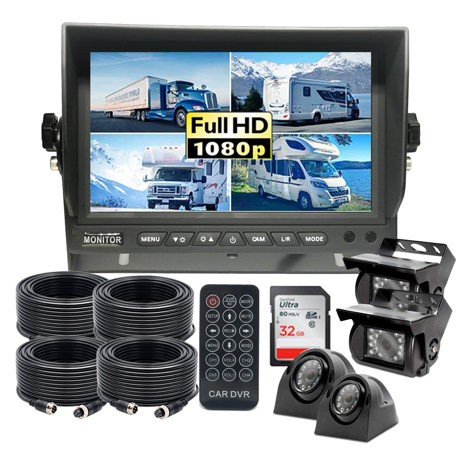 7" IPS Quad Monitor DVR Max 256GB+4x AHD 1080P Front/Side/Re