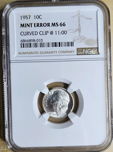 1957 P Roosevelt Dime Mint Error Gem Uncirculated BU MS 66 Curved Clip NGC