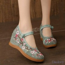 New Womens Comfort Round Toe Chinese Embroidered Floral Shoes Hidden Wedge Heels
