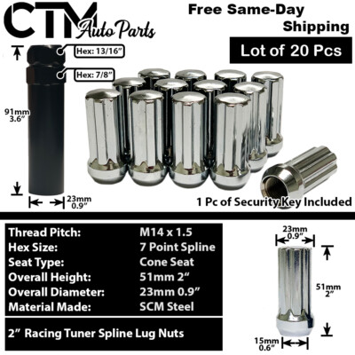 20x 2'' Chrome M14x1.5 Spline Tuner Performance Lug Nuts Fit Buick Cadillac Chevy
