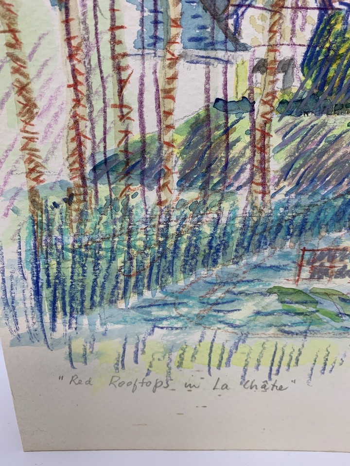 Original Drawing on Paper Signed Artist Lila Rountree Red Rooftops in ...