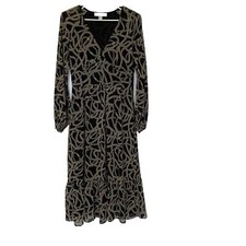 Michael Kors Dress XS Black Gold Chain Print Slinky Chiffon Long Sleeves