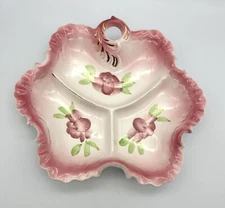 Ceramic Divided 3 Section Relish Candy Condiment Dish Japan Pink Floral Vintage