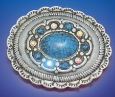 Vintage Belt Buckle Faux Turquoise Rhinestones Silver Tone Metal Southwestern