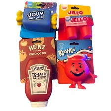 Nuevo Juego de 4 Hey Kool-Aid! Juguetes chirriantes de vinilo para perros Jolly Rancher Ketchup Jello