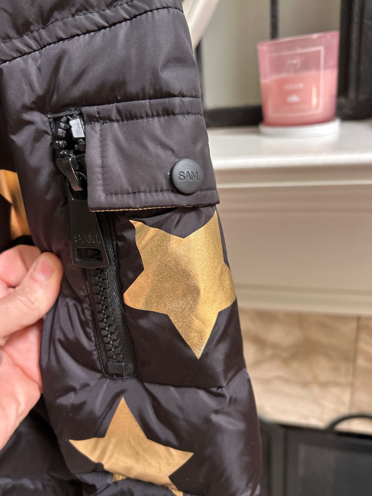 NWT $475 SAM. Womens Star Freestyle Bomber Down Puffer Jacket - Black & Gold - M image 10